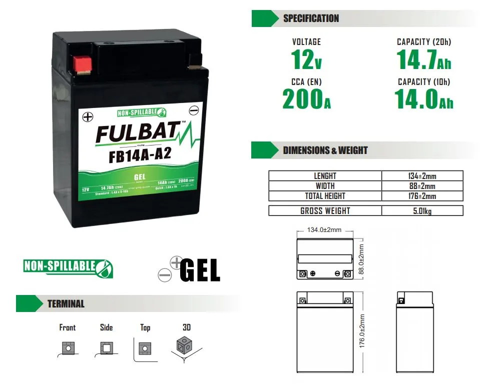 Batería de moto FULBAT YB14A-A2 GEL - 550971 - Imagen 4