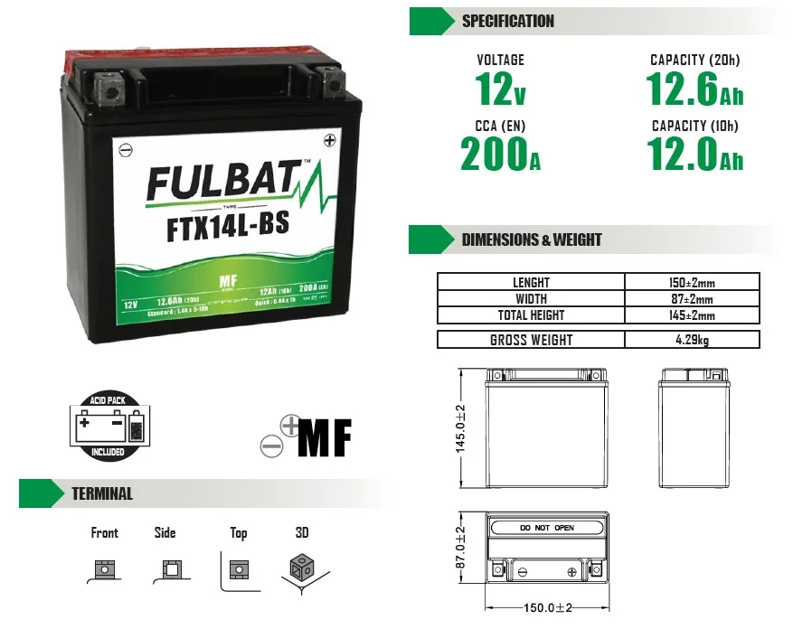 Batería de moto FULBAT YTX14L-BS MF - 550605 - Imagen 4