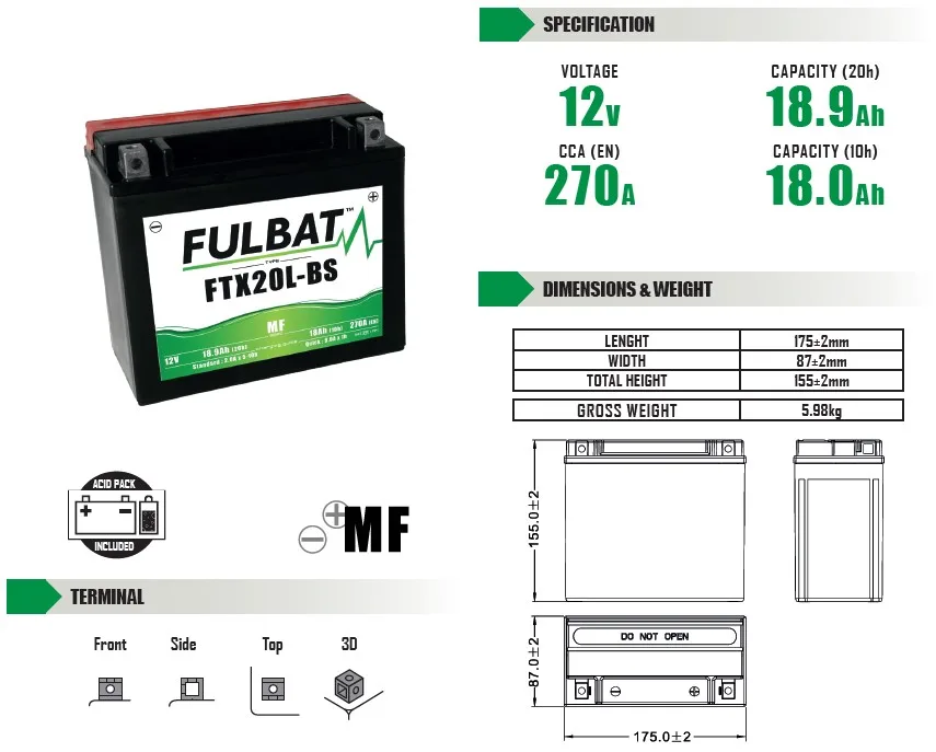 Batería de moto FULBAT YTX20L-BS MF - 550610 - Imagen 4