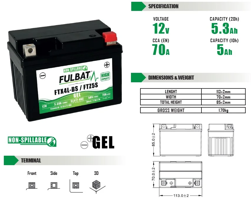 Batería de moto FULBAT YTX4L-BS YTZ5S GEL - 550671 - Imagen 4
