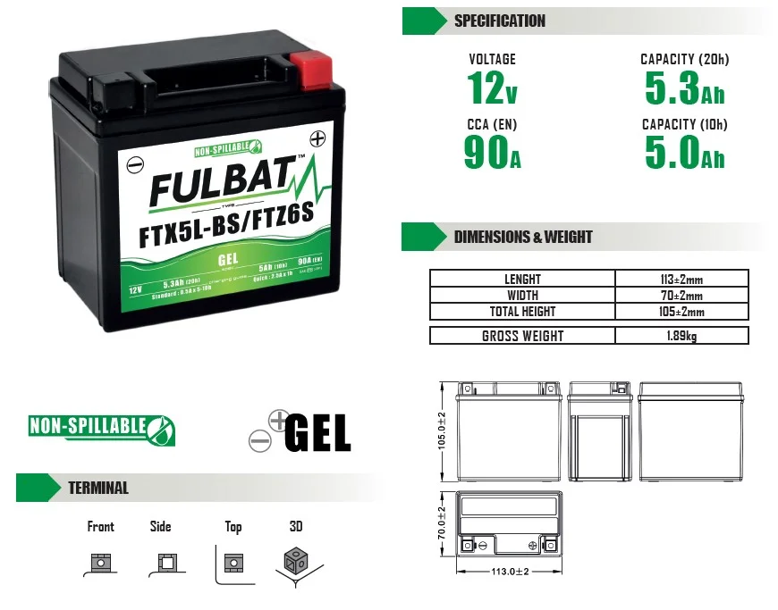 Batería de moto FULBAT YTX5L-BS YTZ6S GEL - 550919 - Imagen 4
