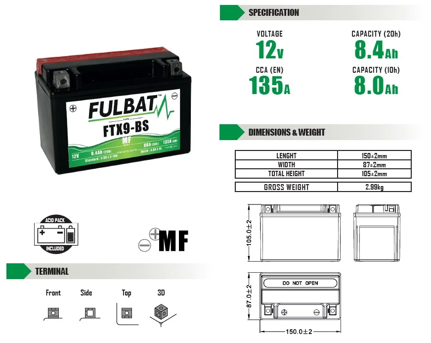 Batería de moto FULBAT YTX9-BS MF - 550621 - Imagen 4