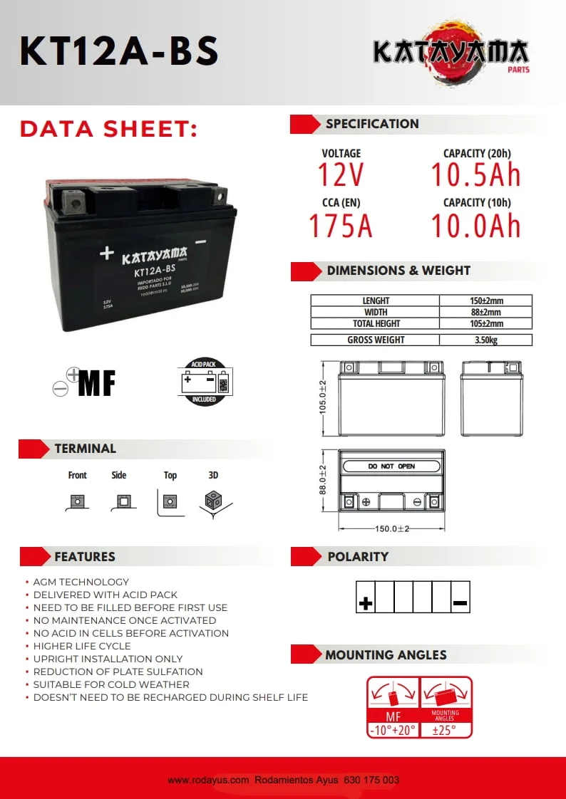 Batería de moto KATAYAMA YT12A-BS AGM - 820602-29 - Imagen 4
