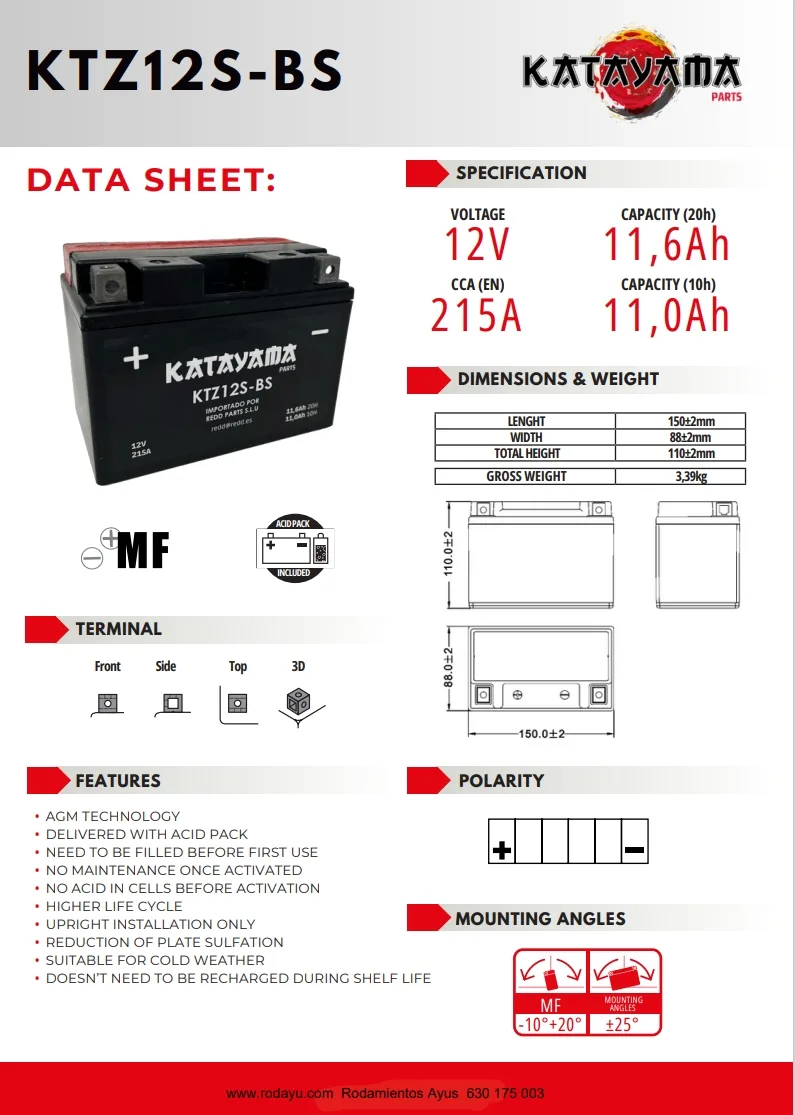 Batería de moto KATAYAMA YTZ12S-BS AGM - 820697-29 - Imagen 4