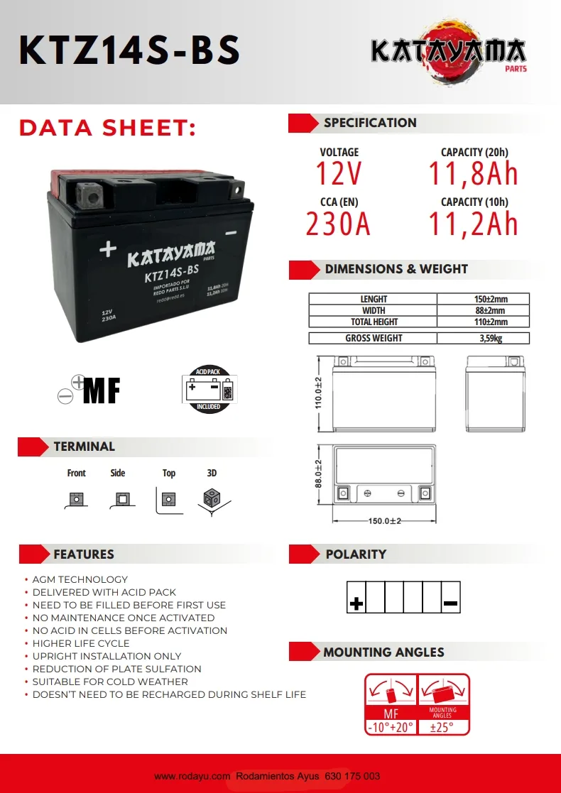 Batería de moto KATAYAMA YTZ14S-BS AGM - 820698-29 - Imagen 4
