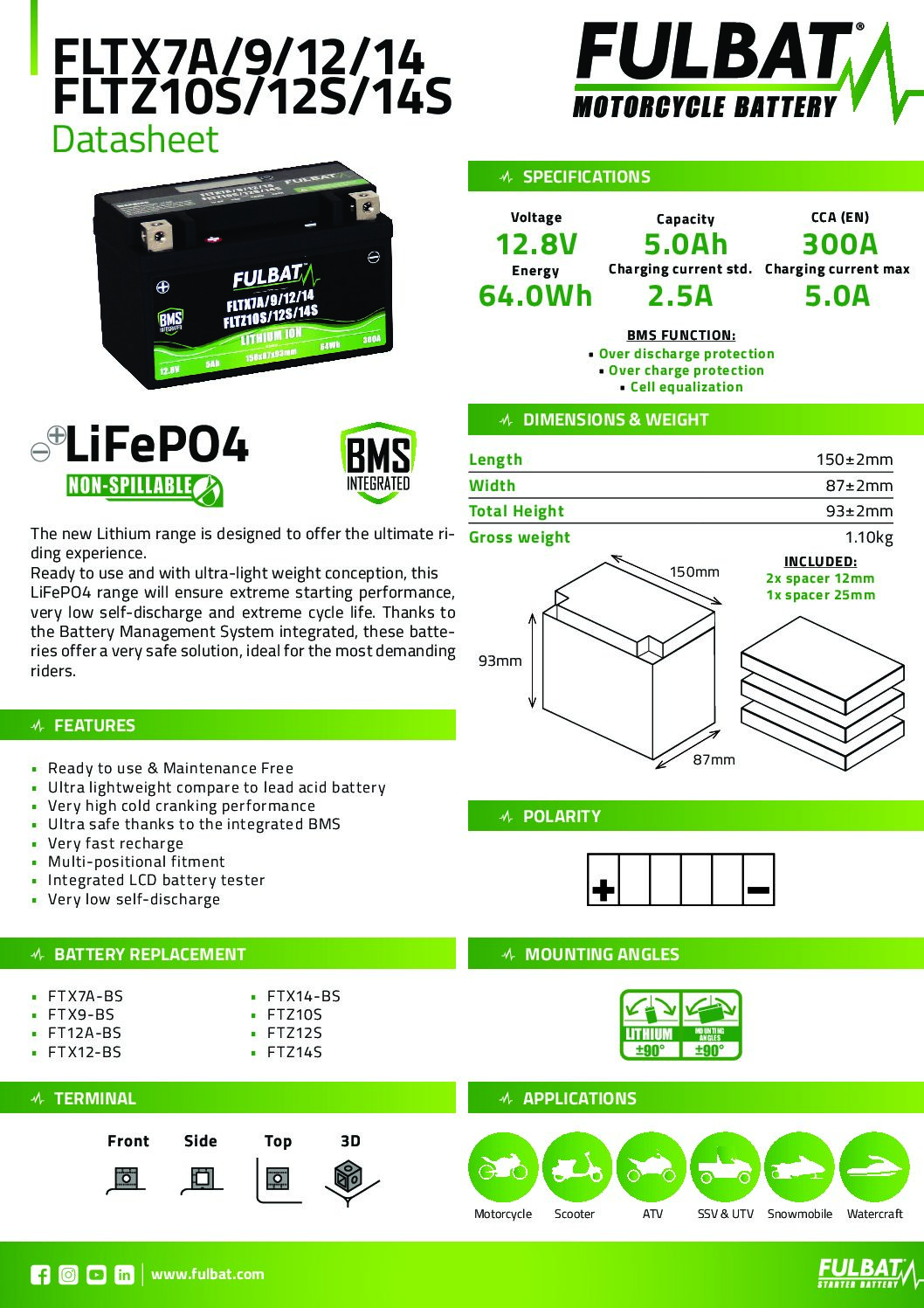 Batería de moto FULBAT FLTX7A/9/12/14-FLTZ10S/12S/14S ION-LITIO CCA.300A - 560625 - Imagen 3