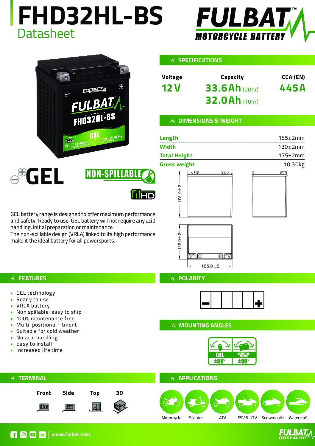 Batería de moto FULBAT YHD32HL-BS GEL - 550874 - Imagen 4